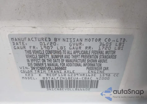 2020 Nissan Versa Sv Xtronic Cvt из США, поврежденный, VIN 3N1CN8EV0LL866602